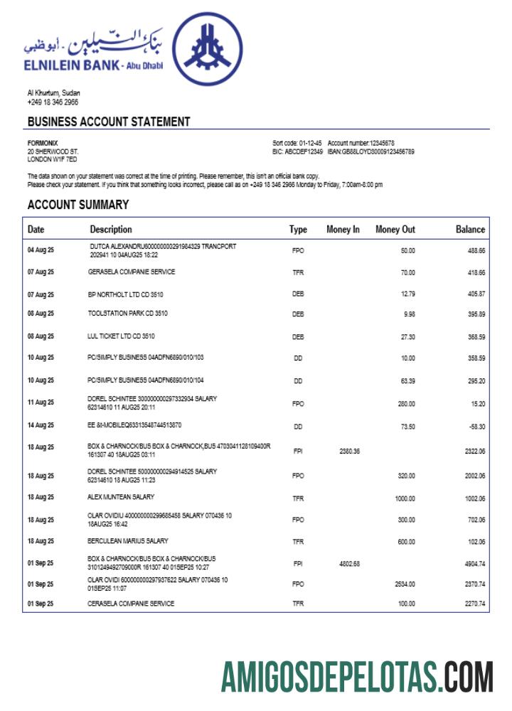 Imprimível Sudanês Al Neelen Company Checking modelo de extrato de conta Word e PDF